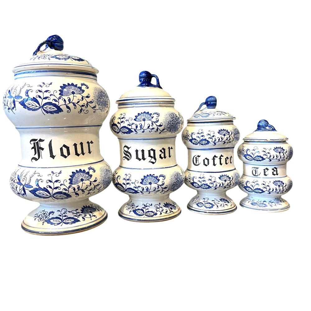 Vintage Blue White Onion Pattern Ceramic Canister Set Flour Sugar Coffee Tea